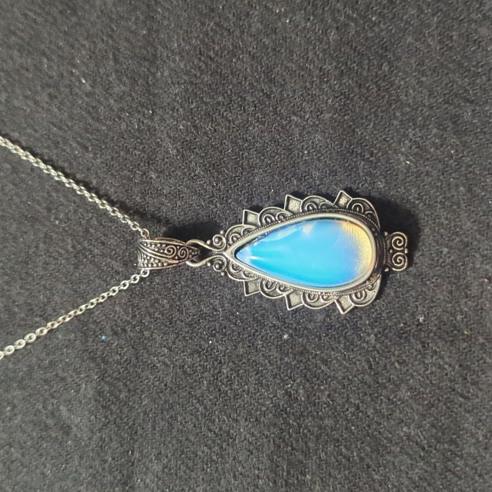 Silver Tone Clear Blue Teardrop Moonstone Gemstone Pendant Statement Necklace